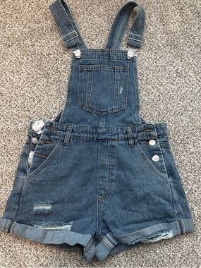 High-Rise Denim Short Overalls in Blue